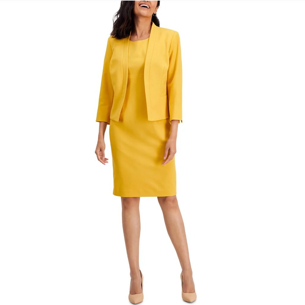 Le Suit Crepe Open Front Jacket & Crewneck Sheath Dress Suit NWT